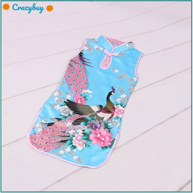 Cr Đầm Sườn Xám Cổ Đứng In Hình Chim Công Dễ Thương Cho Bé Gái