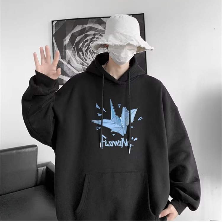 Áo hoodie Tay Dài Dáng Rộng In Họa Tiết Chim Hạc Giấy Thời Trang Hàn Quốc Cho Nam