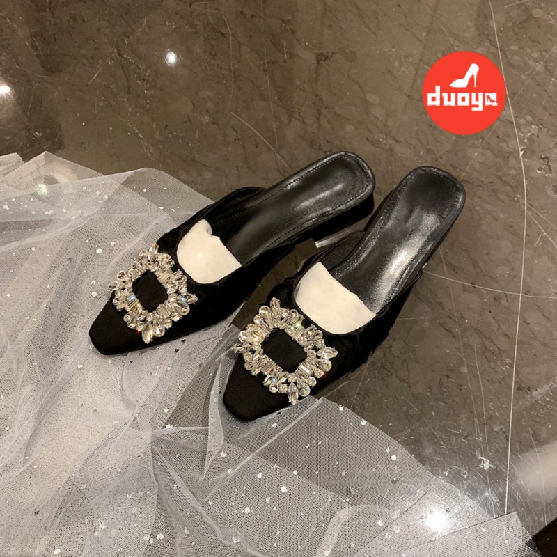 Duoya Dép Bít Mũi Vuông Bằng Satin Đính Đá Thời Trang Cho Nữ