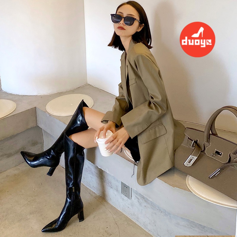 Hairory Thẳng ~  Giày Bốt Cao Qua Gối Mũi Nhọn Dày Dặn Màu Trắng Cho Nữ