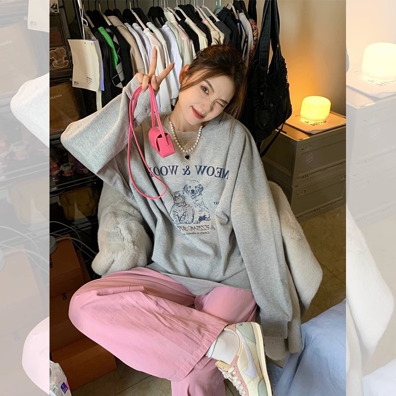 HIIXIIVI Áo Sweater cotton Tay Dài Dáng Rộng In Họa Tiết Thời Trang Hàn Quốc Mới 2024