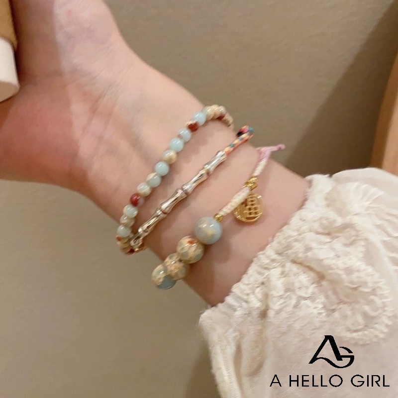 Ahellogirl Vòng Tay Hạt Đá Tự Nhiên Phong Cách Cổ Điển Sang Trọng
