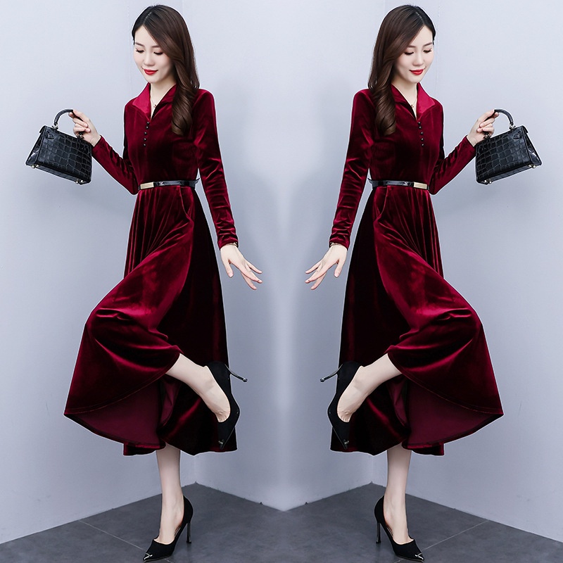 Đầm Tay Dài Có Túi Chất Liệu Nhung Màu Vàng Thời Trang Mùa Thu Cho Nữ