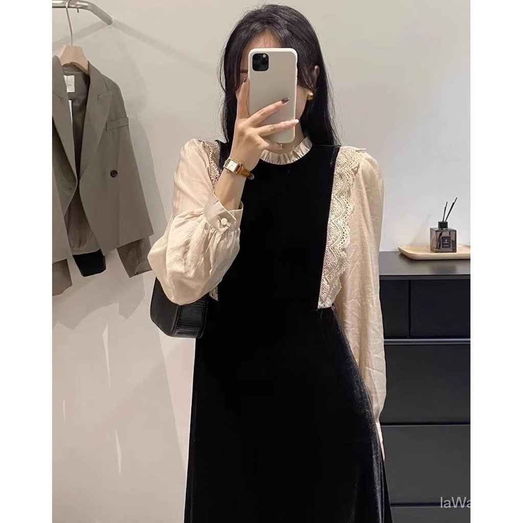 Slightly fat Đầm Nhung Dáng Dài Giả Hai Mảnh Kích Thước Lớn Phong Cách Mới Mùa Thu Pháp 202 Dành Cho Bạn Nữ