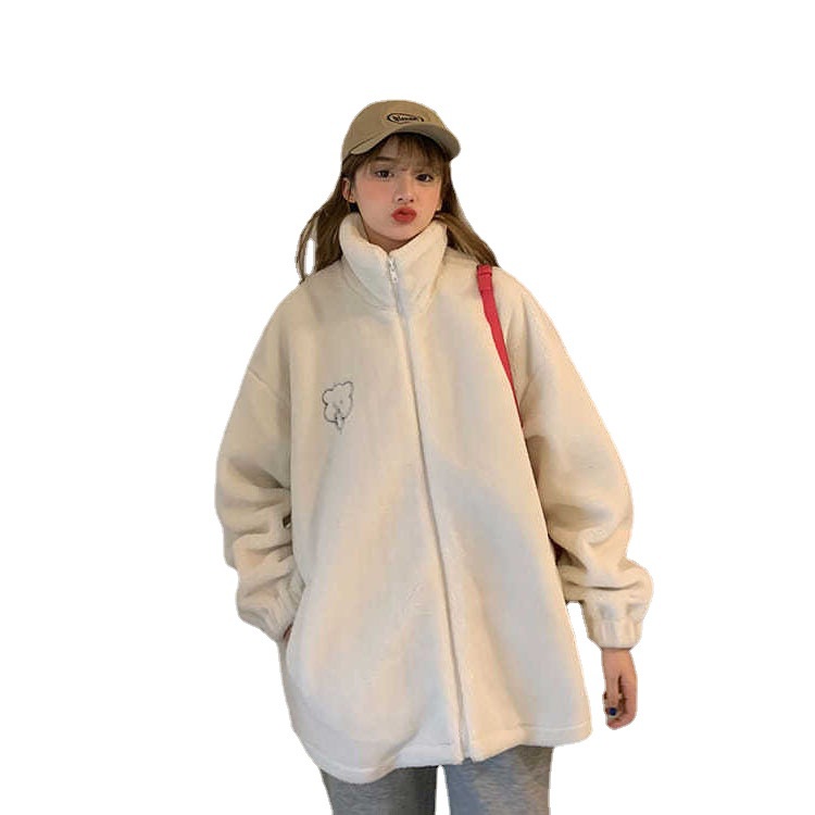 Áo Khoác Bóng Chày Giả Lông Cừu Cổ Đứng Dáng Rộng Thêu Hình Gấu Thời Trang Thu Đông Cho Nữ