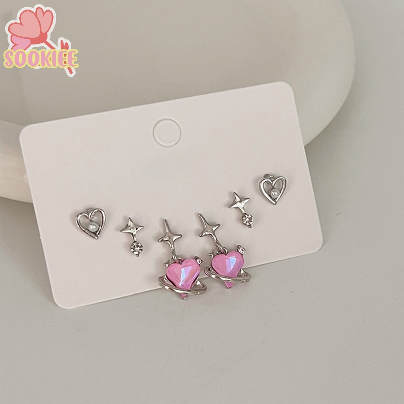 1 Bộ Bông Tai Đính Đá zircon Hình Trái Tim Màu Hồng / Ngôi Sao Phong Cách Hàn Quốc Thời Trang Cho Nữ y2k