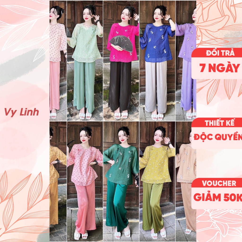 Bộ đồ quần dài tay lửng Vy Linh chất liệu lam tơ nhăn phối quần latin đính ngọc mặc thoáng mát, thấm hút mồ hôi S1002