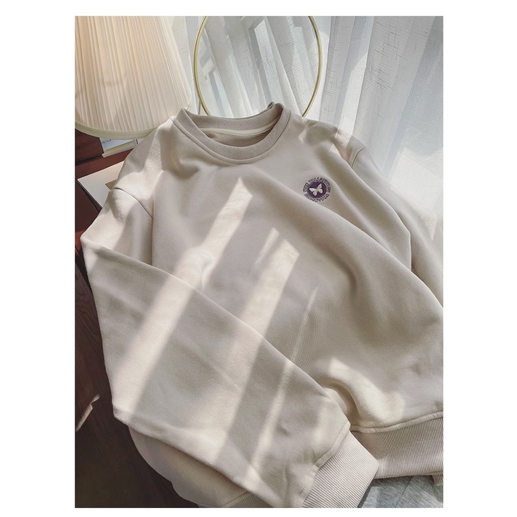 Áo Nỉ Mỏng Cổ Tròn Dáng Rộng Thêu Hình Bướm Phong Cách Xuân Thu Mới Cho Nữ