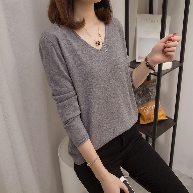 / Áo sweater / Rộng / Áo Len Cổ Chữ v Màu Trơn Tay Dài / Mùa Thu Phiên Bản Hàn Quốc / q6wo