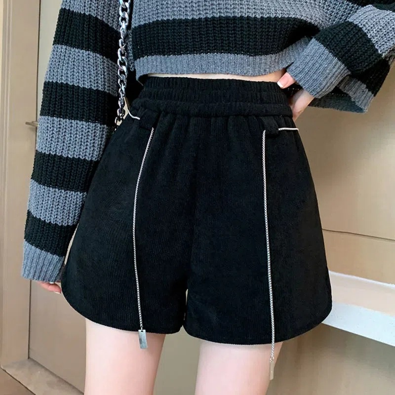 Quần Short Ống Rộng Vải Nhung Phối Dây Xích Thời Trang Xuân Thu Hàn Quốc 24 Tiếng