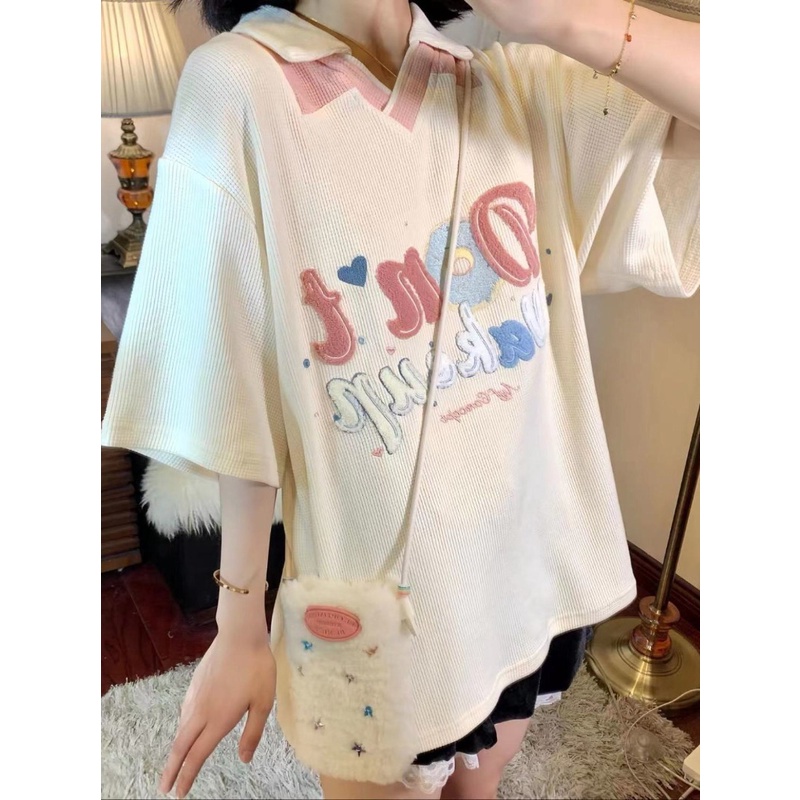 Áo Thun polo Nữ Tay Ngắn Thêu Hình Bánh waffle