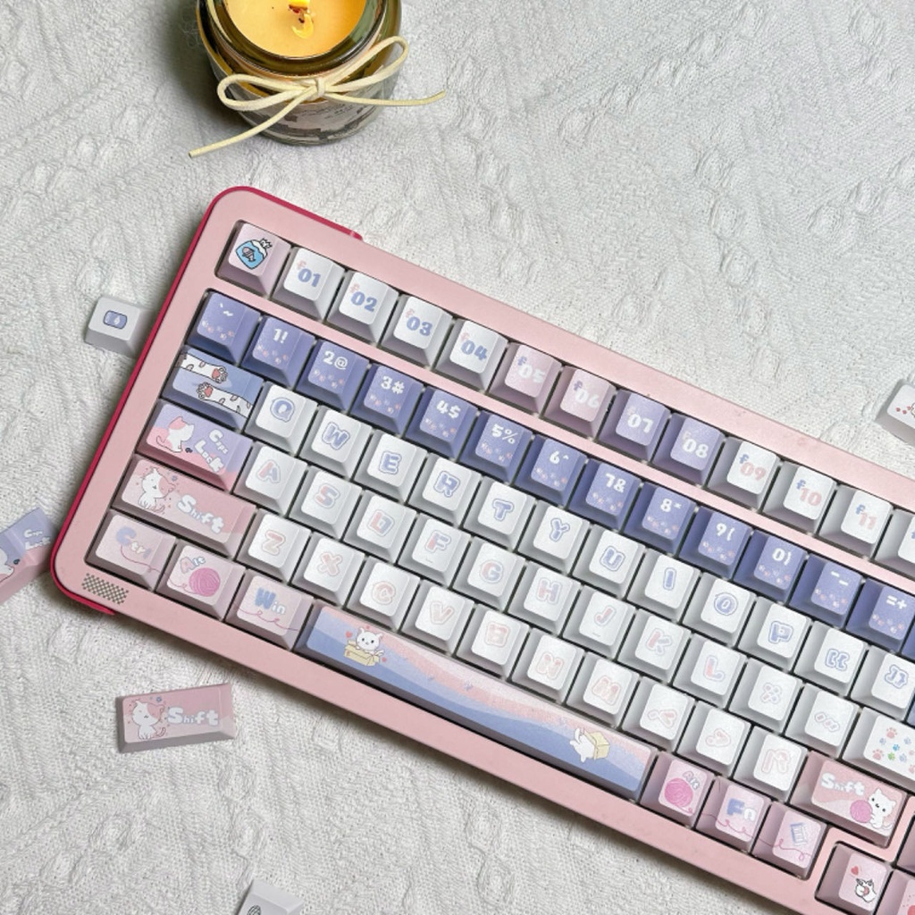 Bàn Phím Cơ 126 / 128 Phím Màu Hồng / Xanh Dương / Đen Họa Tiết Mèo Hawaii