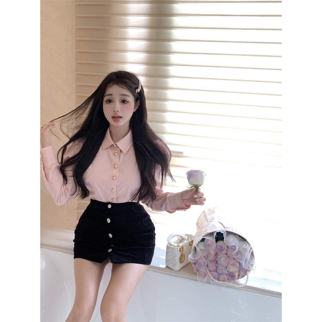 Áo Sơ Mi Tay Dài Phồng Màu Hồng Phong Cách Pháp Thời Trang Mùa Thu Cho Nữ