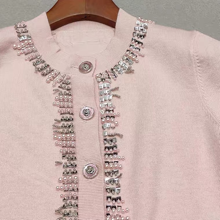 Áo cardigan Dệt Kim Mỏng Tay Ngắn Đính Hạt Kim Cương Màu Hồng Thủ Công Cho Nữ Llkbi