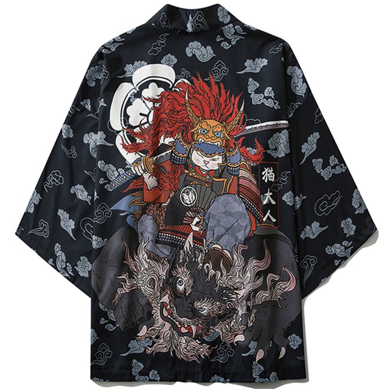 Áo Choàng Kimono Họa Tiết Mèo samurai Truyền Thống Nhật Bản Thời Trang Mùa Hè 2021 yukata haori