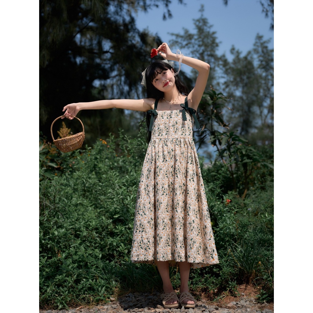 Đầm Hai Dây Cổ Vuông Họa Tiết Hoa Cúc Phong Cách Nhật Bản Thời Trang Mùa Hè Xinh Xắn Cho Nữ