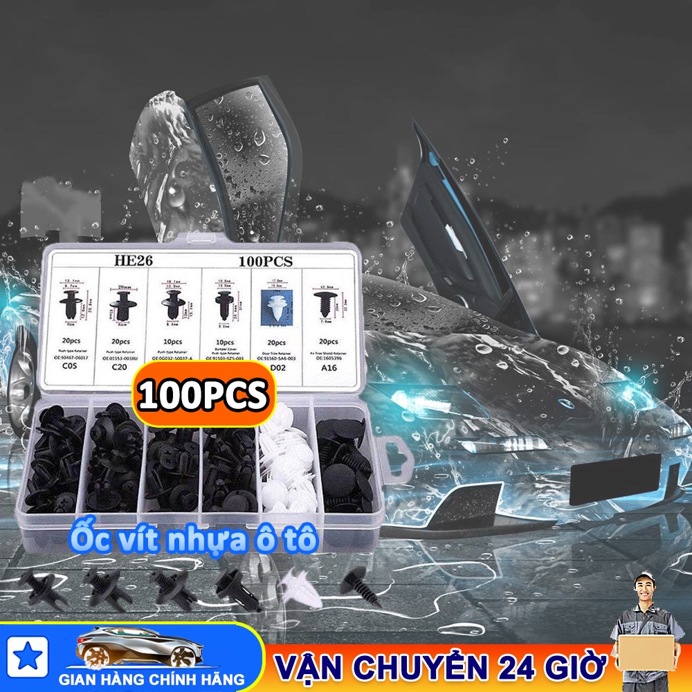 Hộp 100 chốt vít vặn nhựa tiện lợi dành cho các bộ phận trên xe hơi,cho tấm chắn bùn,gắn cản và lòng dè các dòng xe ô tô