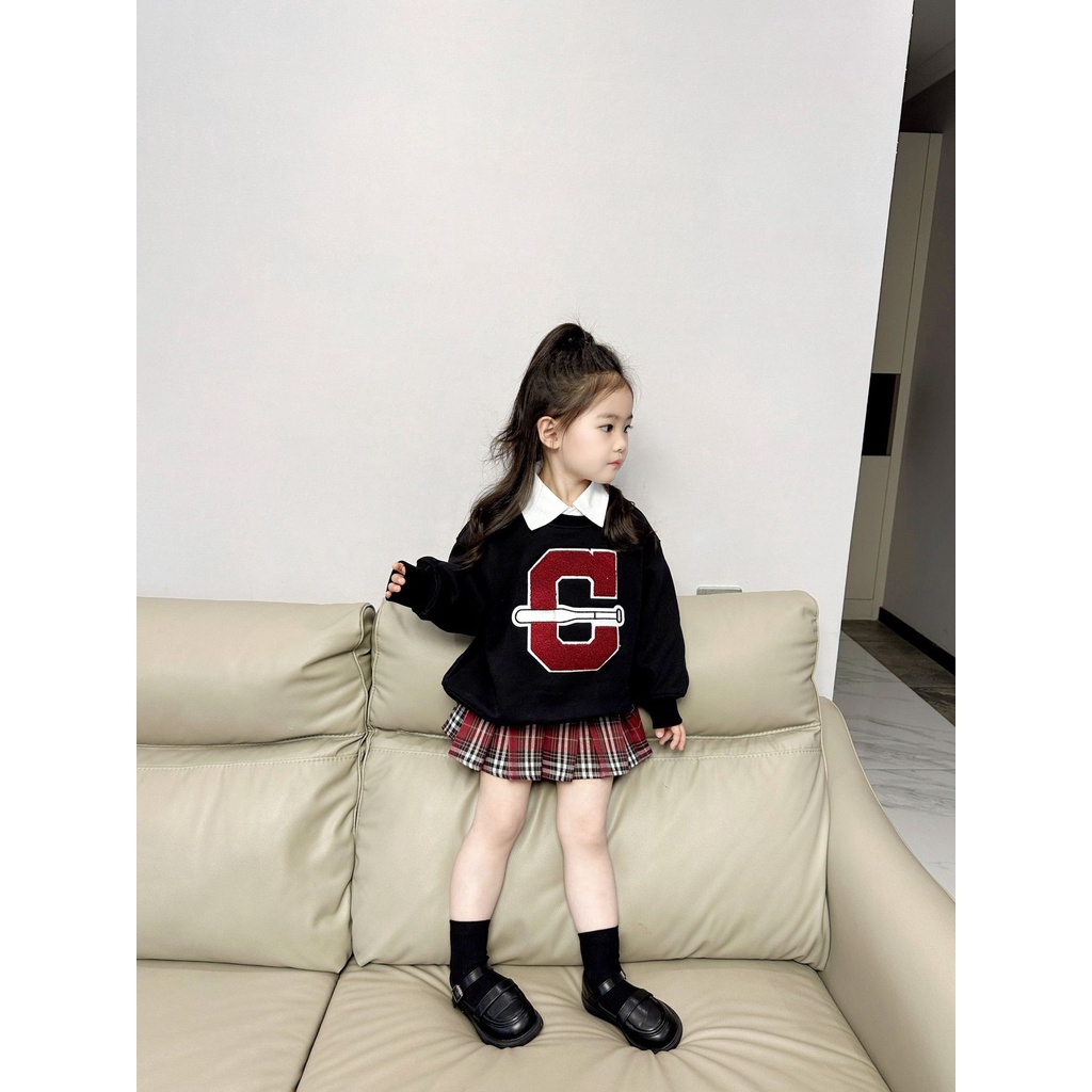 SET 3 CHI TIẾT ÁO NỈ CHỮ C, ÁO SƠ MI MIX  CHÂN VÁY KẺ THỜI TRANG SIÊU XINH CHO BÉ GÁI- HÀNG QCCC