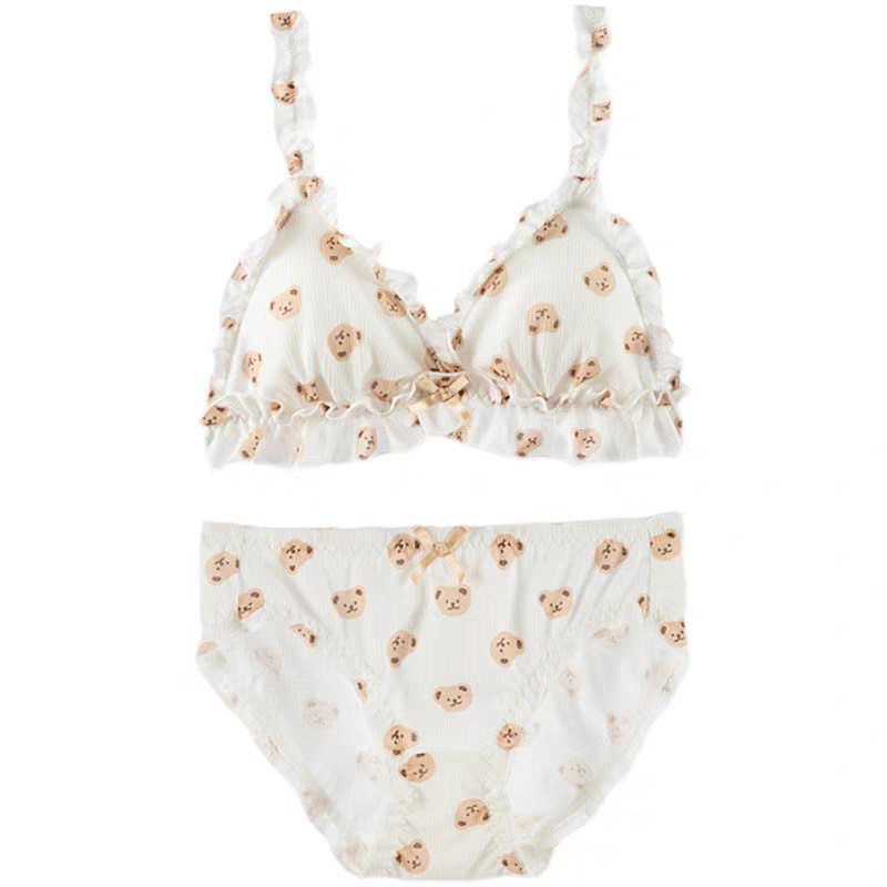 Set Đồ Lót 1 Món Không Dây Phối Bèo Nhún In Hình Gấu Hoạt Hình Nhật Bản Dễ Thương Cho Bạn Gái