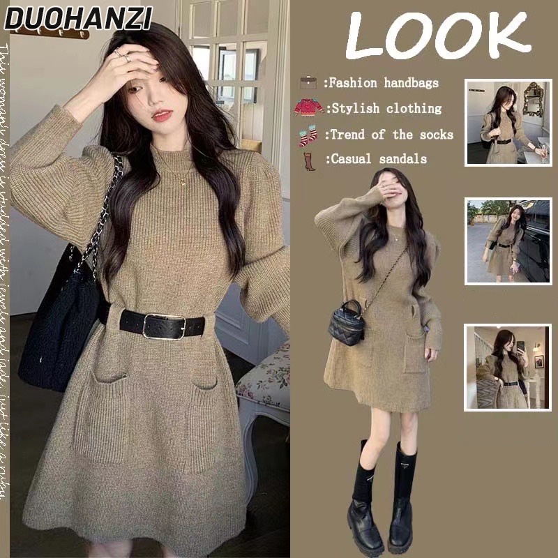DUOHANZI Đầm Len Kẻ Sọc Thời Trang Cao Cấp Cho Nữ