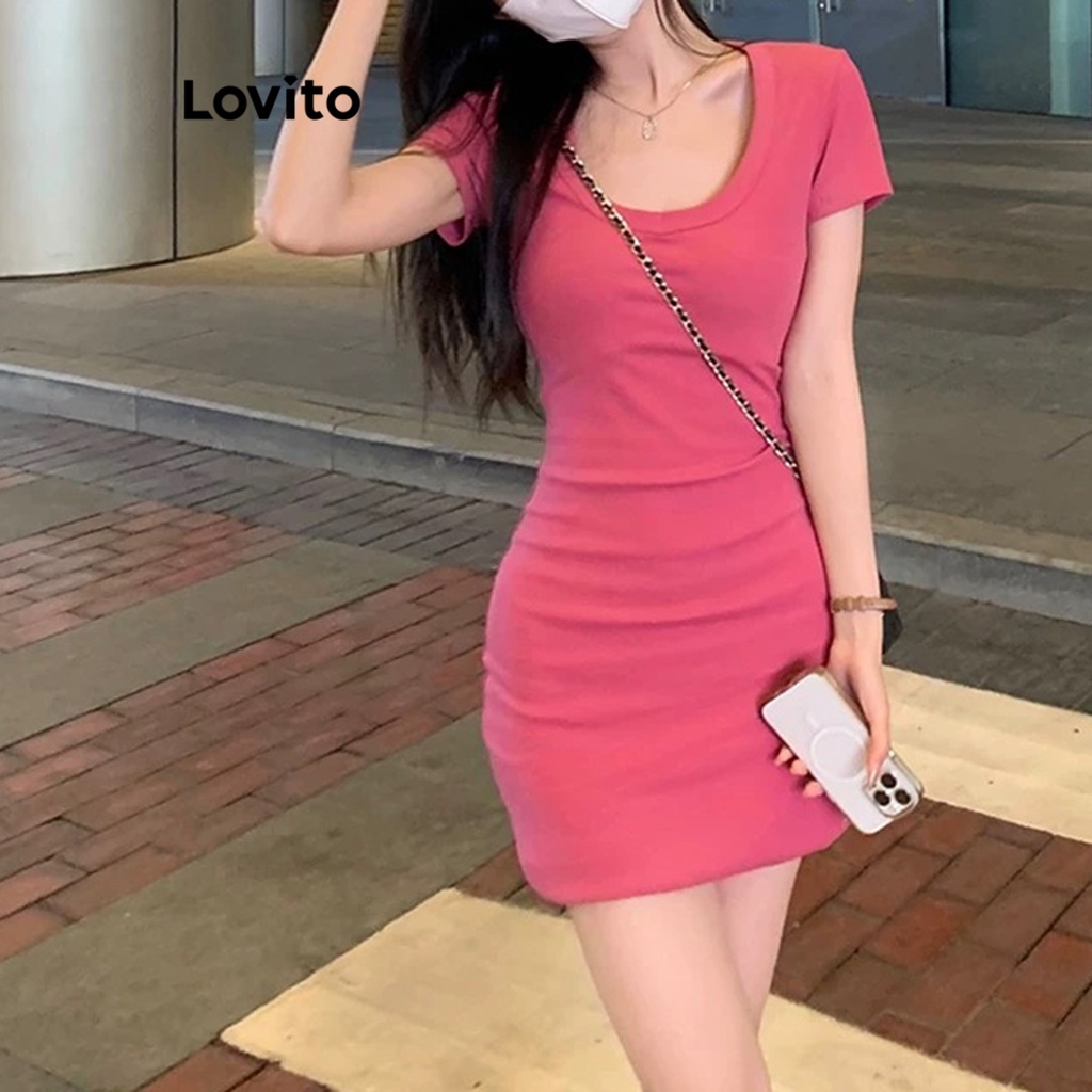 Đầm Lovito kết hợp màu sắc dopamin màu trơn thường ngày cho nữ LNA21292 (màu hồng chói)