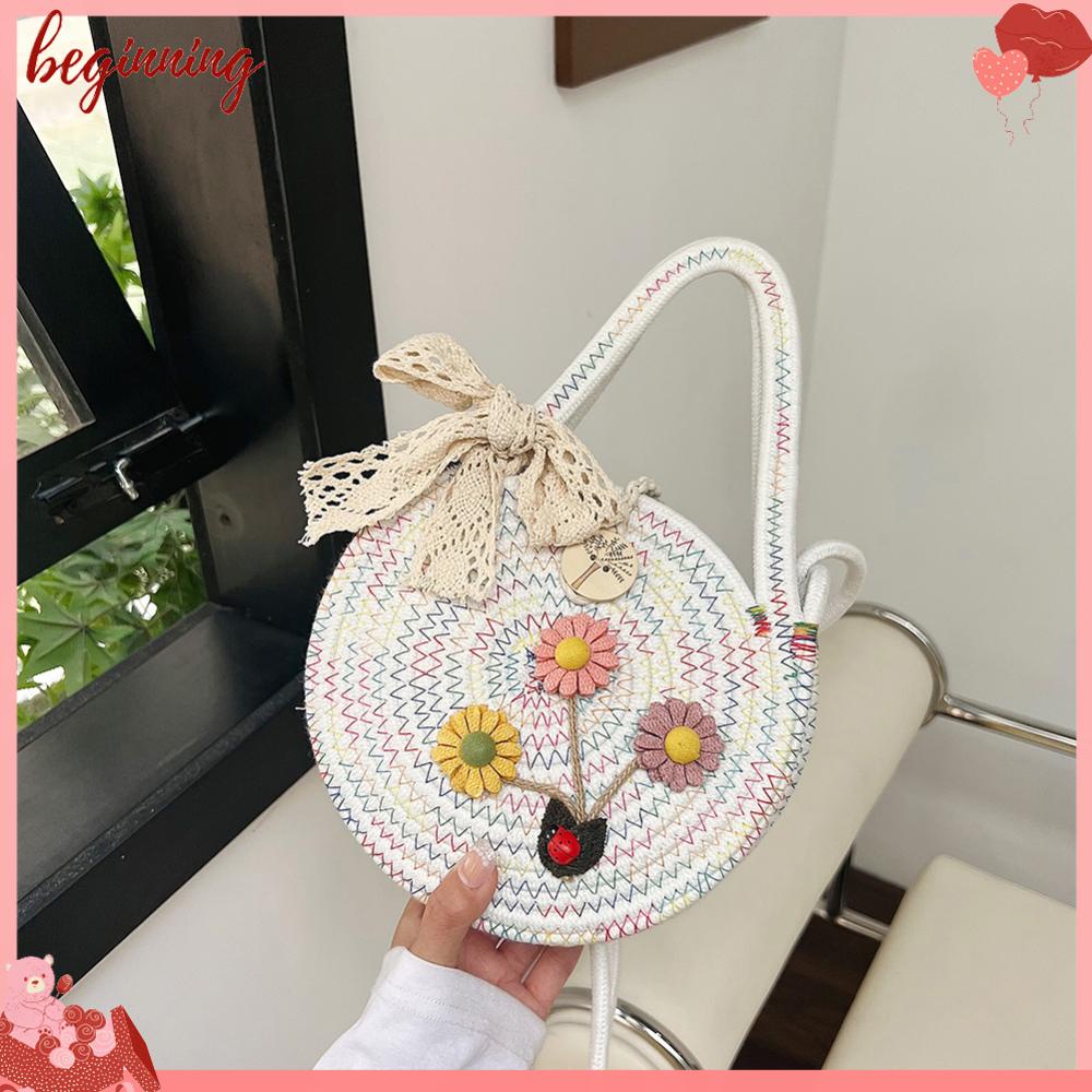 Túi Đeo Chéo Đan Len Hình Tròn Đính Hoa Dễ Thương Thời Trang Mùa Hè Cho Nữ
