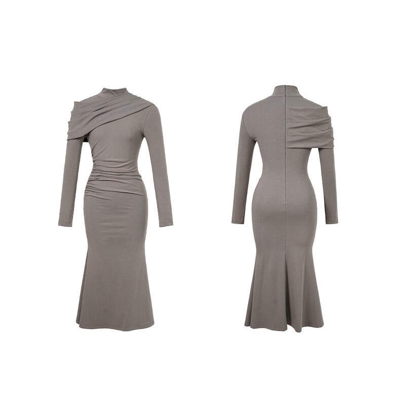 ZYHT Đầm Phong cách Nước pháp áo dài tay Irregular Ruched Shoulder Simple Mảnh mai Màu đơn giản đầm công sở 30576