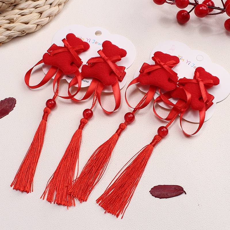 Mới Kẹp Tóc Tua Rua Màu Đỏ Phong Cách Trung Hoa Cho Bé Gái