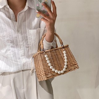 Baosity Túi xách đan rơm có tay cầm đôi thời trang mùa hè，Túi Cói Mây Đan Dáng Vuông Vintage