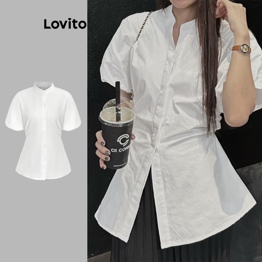 Lovito Áo kiểu trơn có nút thắt lưng cho nữ L67AD011 (Trắng)