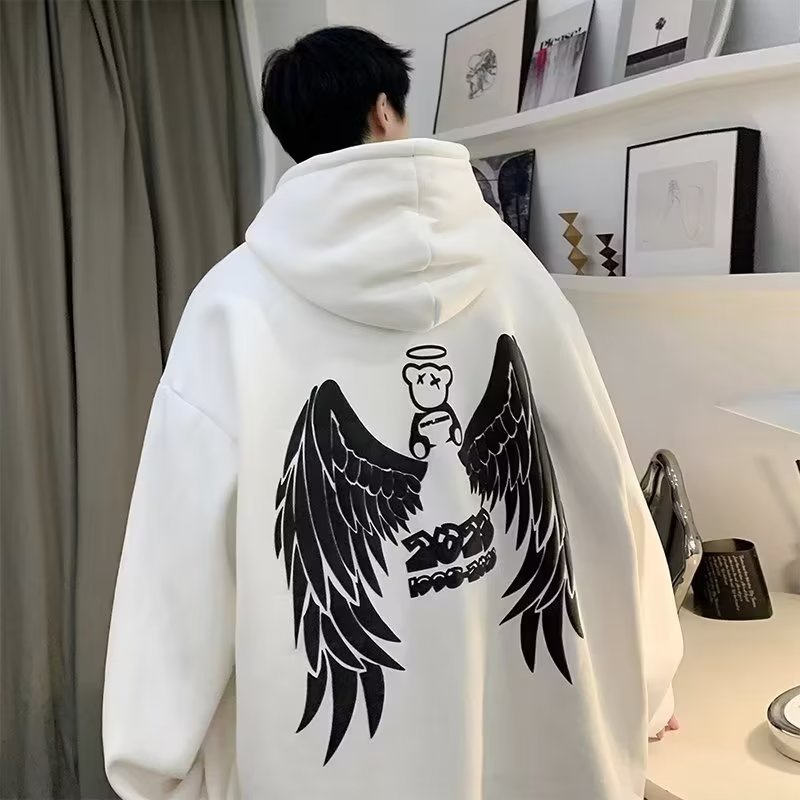 Áo Hoodie Dáng Rộng In Hình Đôi Cánh Thiên Thần Thời Trang Thu Đông Phong Cách Âu Mỹ Cho Nam