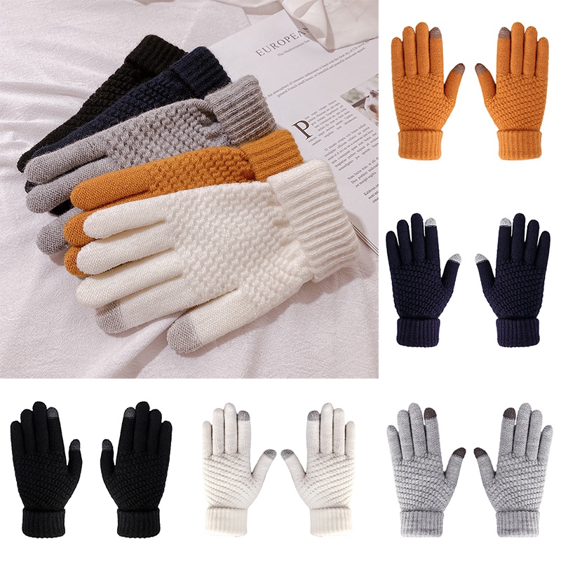 Găng Tay Len Dày Màu Trơn Giữ Ấm Có Thể Chạm Màn Hình Cảm Ứng