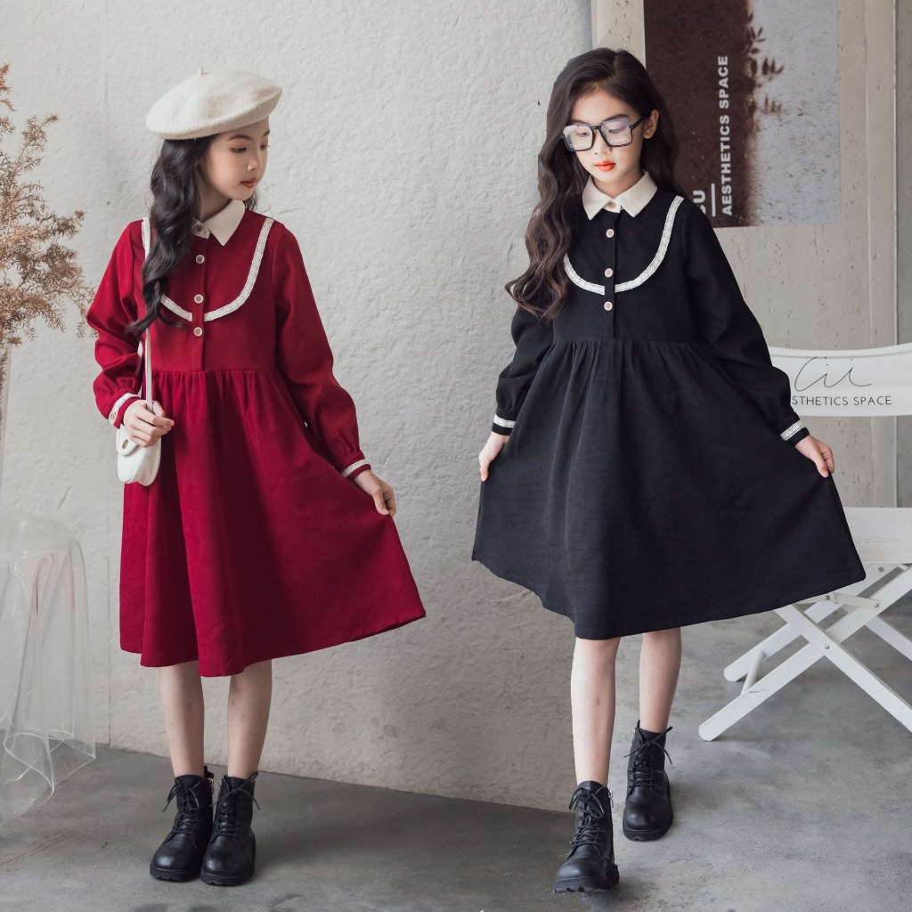 Quần áo trẻ em thu đông 2023 váy preppy bé gái phong cách mới, váy công chúa màu đỏ thời trang cho trẻ em vừa và lớn