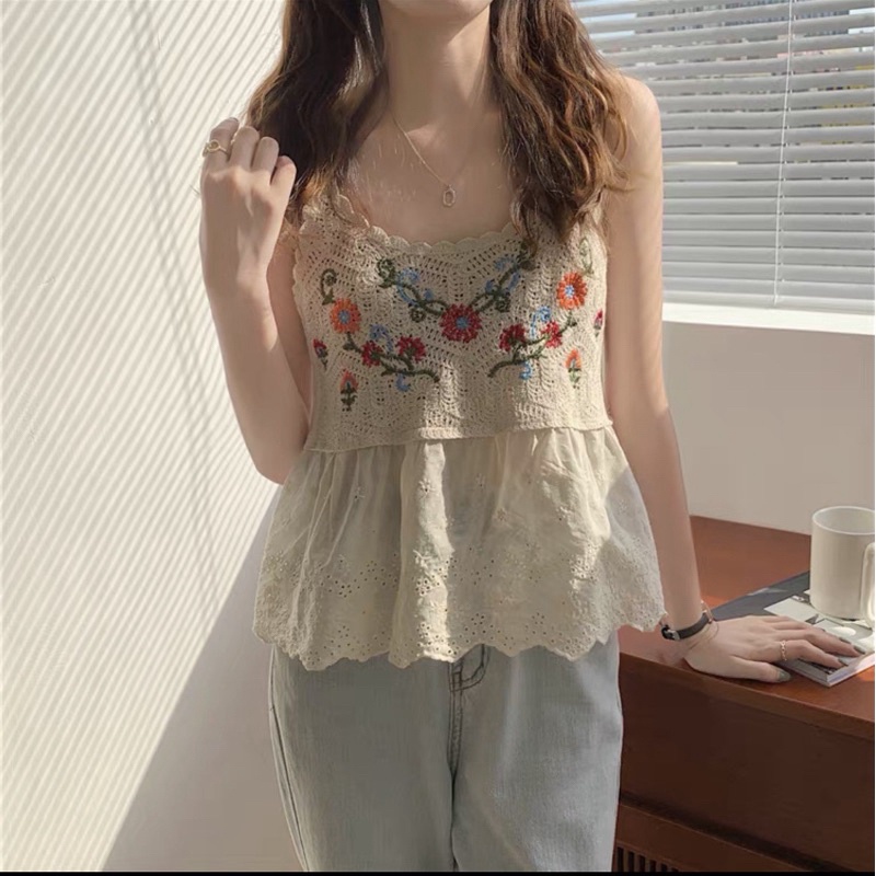 Áo 2s babydoll len móc phối vải boi thoáng mát, áo 2 dây nữ mùa hè đi biển hàng QC