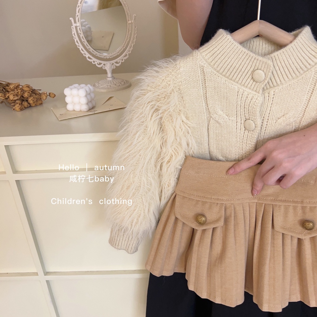 ÁO CADIGAN LEN PHỐI LÔNG MIX CHÂN VÁY DẠ XẾP LY CHO BÉ- HÀNG QCCC