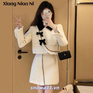 Xiang NIAN NI Áo khoác và váy ngắn nấm ngọt ngào nổi tiếng thời trang và cao cấp dành cho nữ 2024 Bộ đồ hai mảnh mùa thu đông