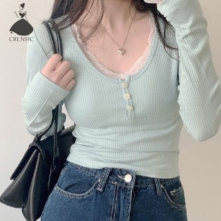 Crlnhc Áo Thun crop top Tay Dài Cổ Chữ u Phối Ren Dáng Ôm Thời Trang Mùa Thu hottie vn