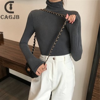Áo thun tay dài cổ lọ màu trơn thời trang mùa thu phong cách hàn quốc cho nữ