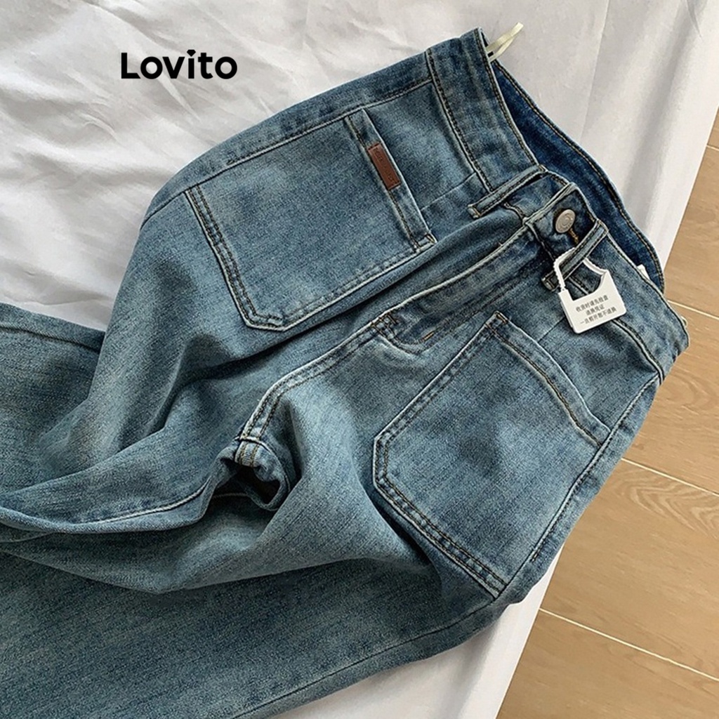 Lovito Quần Jean Có Nút Dây Kéo Trơn Thông Thường Cho Nữ LNA34147 (Màu Xanh Da Trời)
