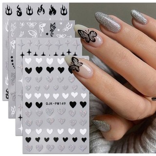Hama Đề Can Dán Móng Tay Nghệ Thuật Họa Tiết Hoa Hồng Kẻ Sọc Bướm Ngôi Sao Ngọn Lửa Đen Bạc Lấp Lánh Kiểu Pháp