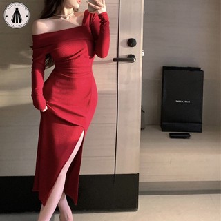 Hormoo Cool, váy dệt kim đỏ phong cách hoàng gia cho nữ, phong cách Pháp, váy xẻ hông thon gọn và gợi cảm