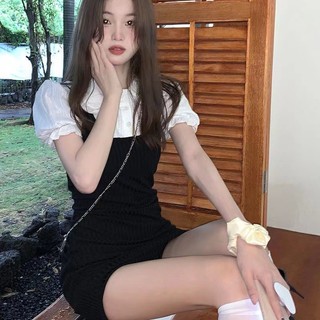 Đầm Dáng Ôm Giả Hai Mảnh Tay Phồng Phong Cách Preppy Thời Trang Mùa Hè Mới