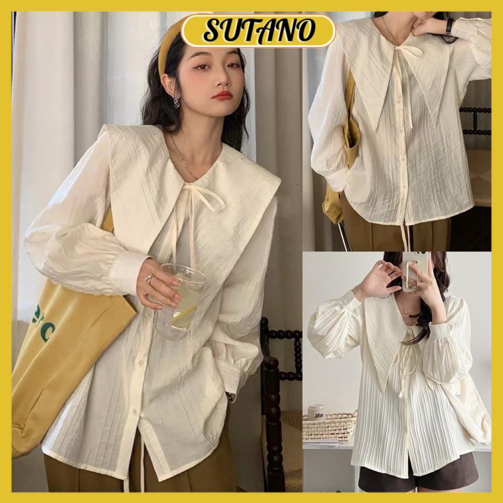 áo sơ mi kiểu nữ vạt nhọn,áo sơ mi cổ thuỷ thủ phối dây nợ vải đũi gân đẹp A792 SUTANO