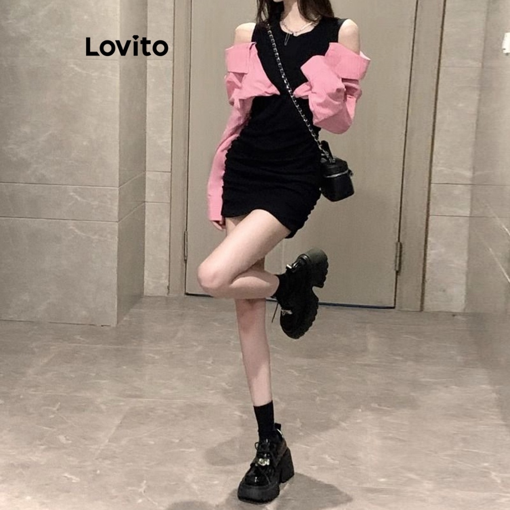 Lovito Đầm ôm sát 2in1 trơn đơn giản dành cho nữ LNA21029