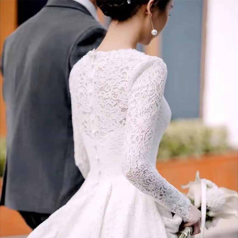 Đầm Cô Dâu Tay Dài Phối Ren Màu Trắng Thời Trang