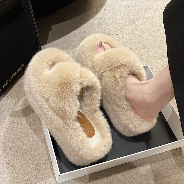 Dép Bông Quai Chéo Màu Sắc Trơn Đế Bằng Phối Lông Nhân Tạo Phong Cách Hàn Quốc