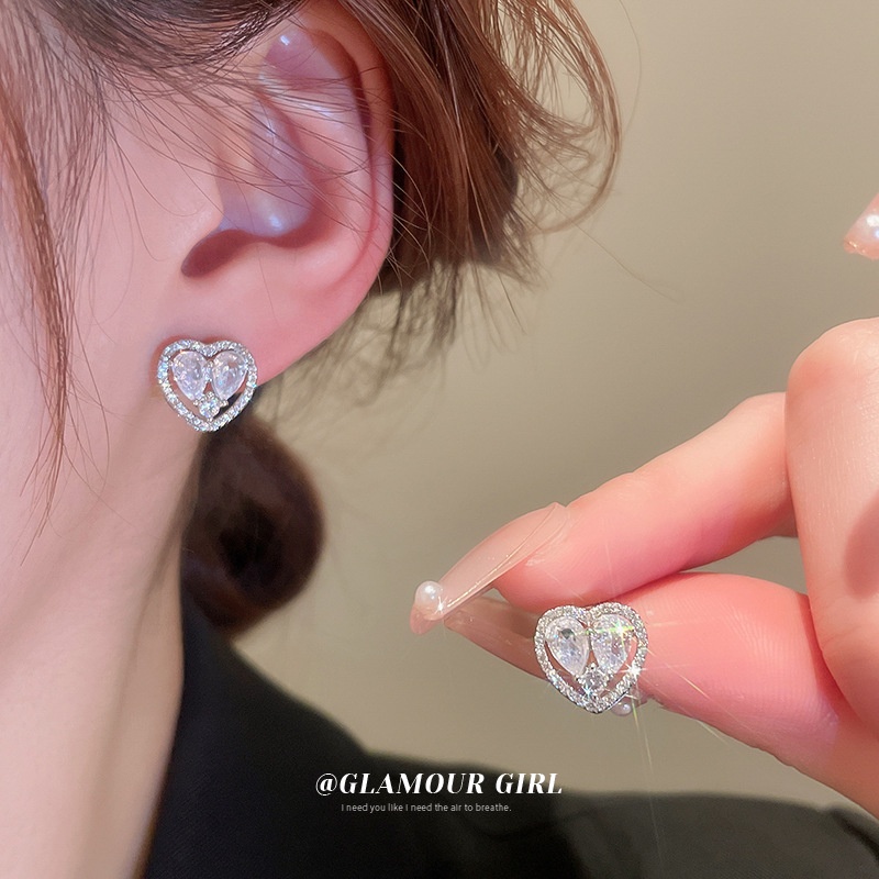 Bông Tai Kim Bạc Đính Đá zircon Hình Trái Tim Đơn Giản Thời Trang Cao Cấp Dễ Phối Đồ Cho Nữ
