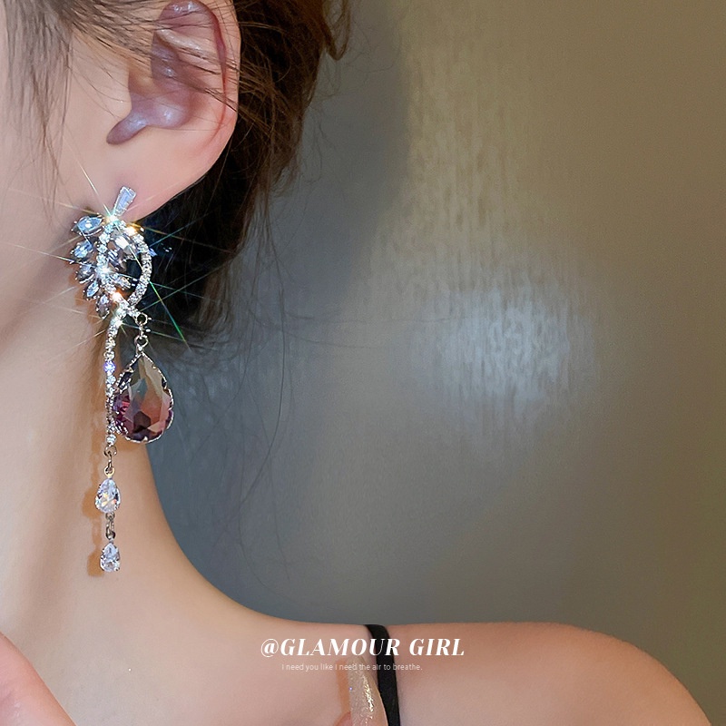 Khuyên Tai Tua Rua Đính Đá zircon Màu Tím Sang Trọng Cao Cấp