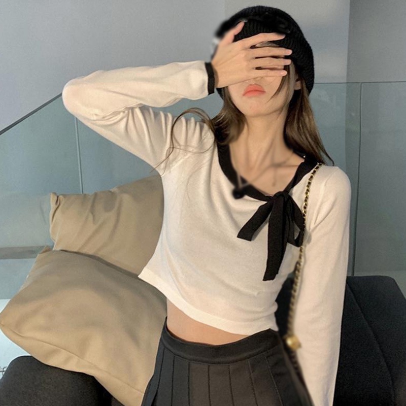 Áo Thun croptop Dệt Kim Tay Dài Cổ Tròn Thắt Nơ Màu Tương Phản Phong Cách Hàn Quốc Thời Trang Cho Nữ