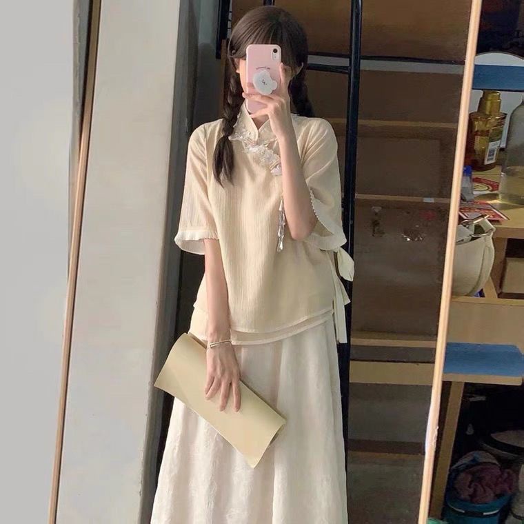Mới Bộ Áo + Chân Váy Thời Trang Mùa Hè Phong Cách Trung Hoa